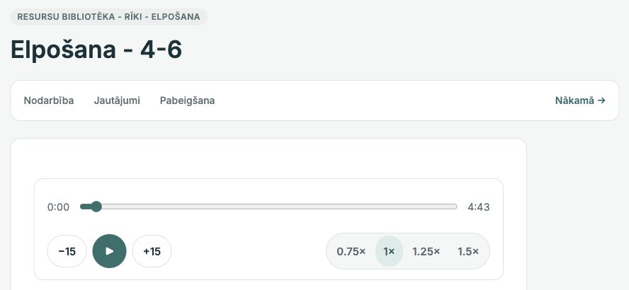 Īsts elpošanas audio skats: ieraksta laiks, atskaņošana, pārtīšana par 15 sekundēm un ātruma izvēle