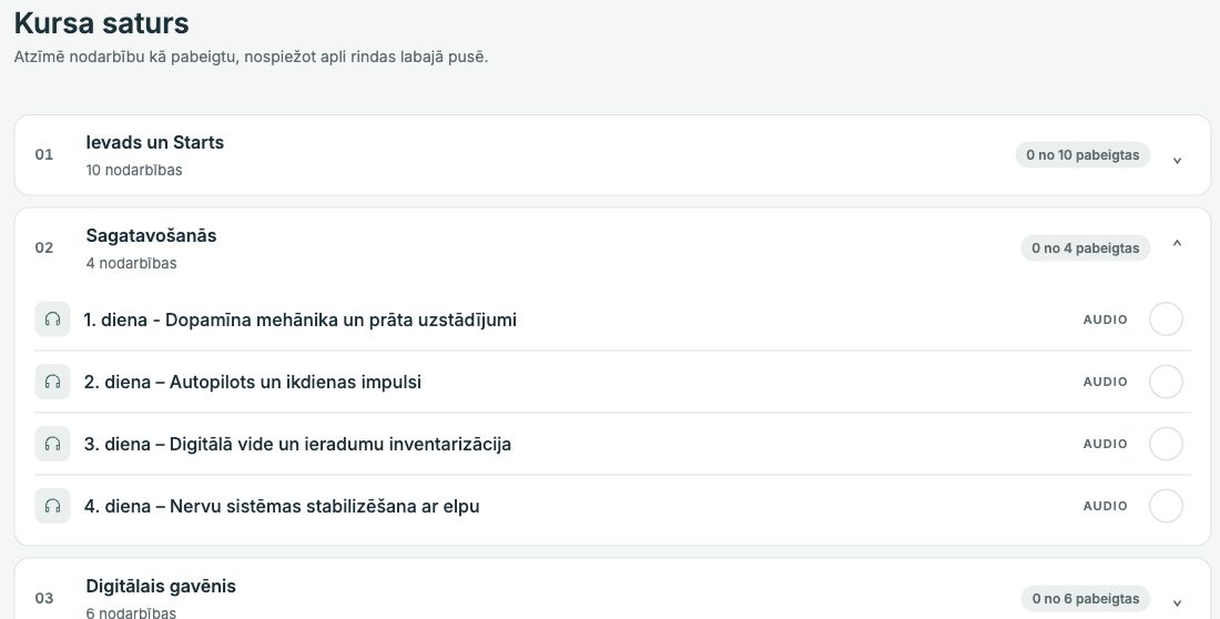 Īsts kursa satura skats portālā: ievads, atvērta sagatavošanās sadaļa ar 1.–4. dienas audio nodarbībām un digitālā gavēņa sadaļa