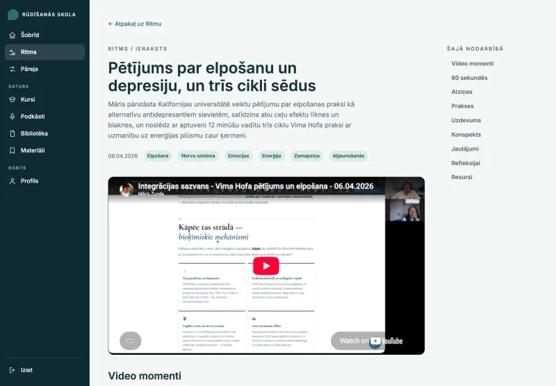 Ritma nodarbības skats ar video, kopsavilkumu un praksēm