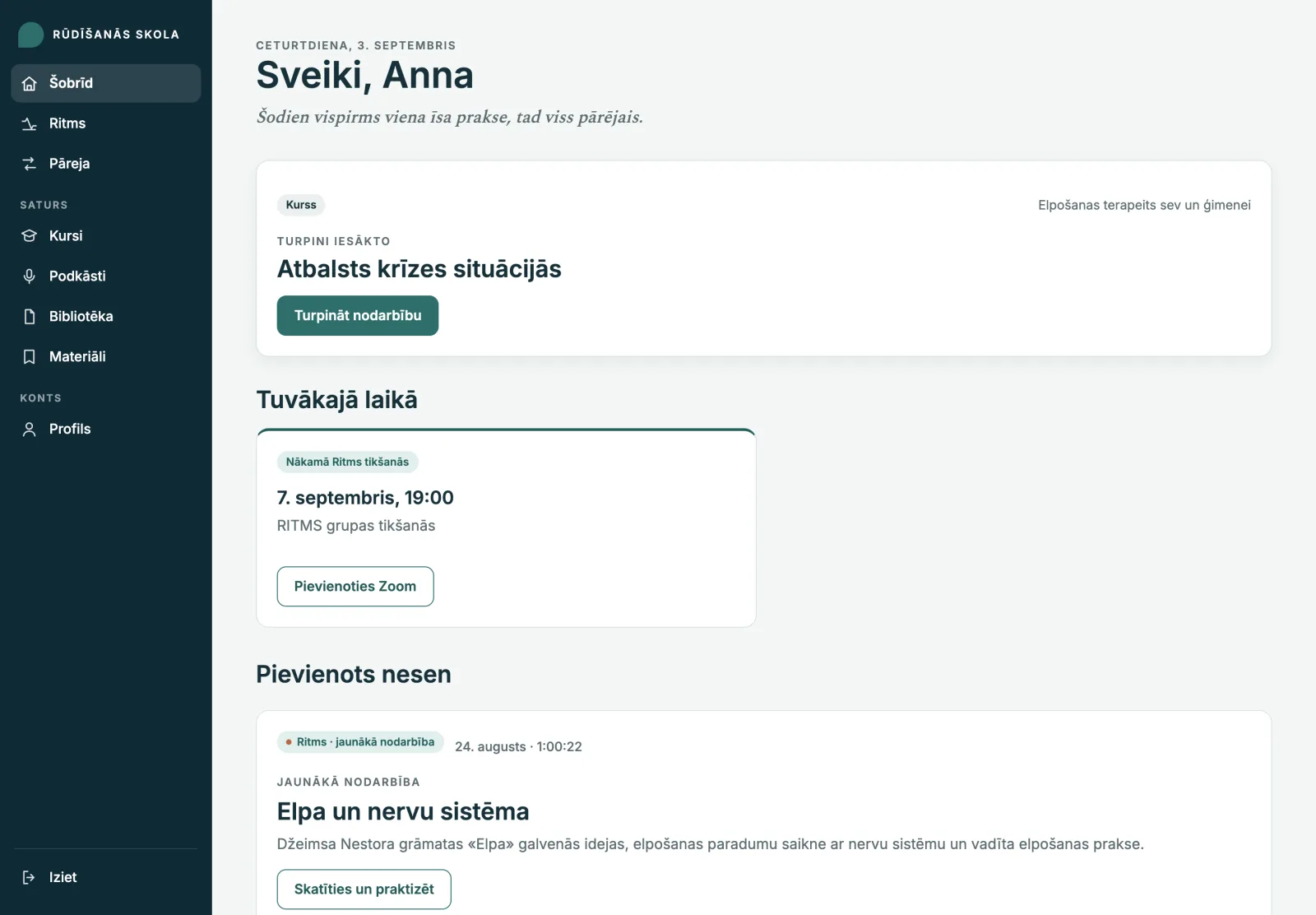 Portāla sākumlapa Šobrīd ar nākamo tikšanos, jaunāko nodarbību un programmu pārskatu